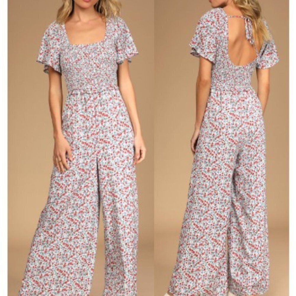 Lulus Women's Multi Floral Print Smocked Wide-Leg Jumpsuit‎